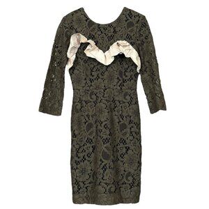 MSGM Milano Lace Faux Leather Ruffle Cocktail Dress Olive Green Beige IT 40 / S